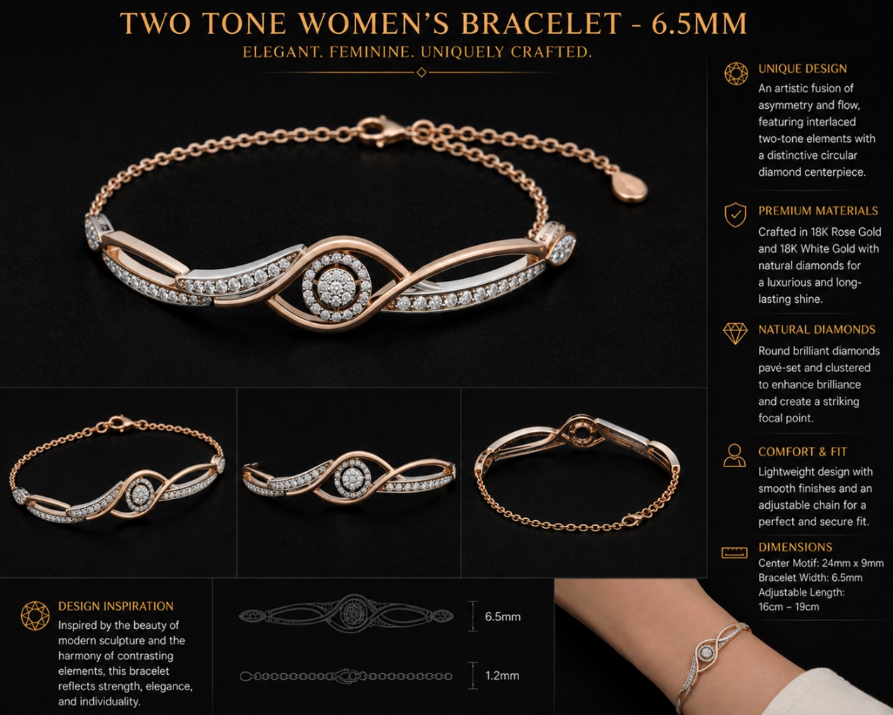 Two Tone Women's Bracelet - 6.5mm